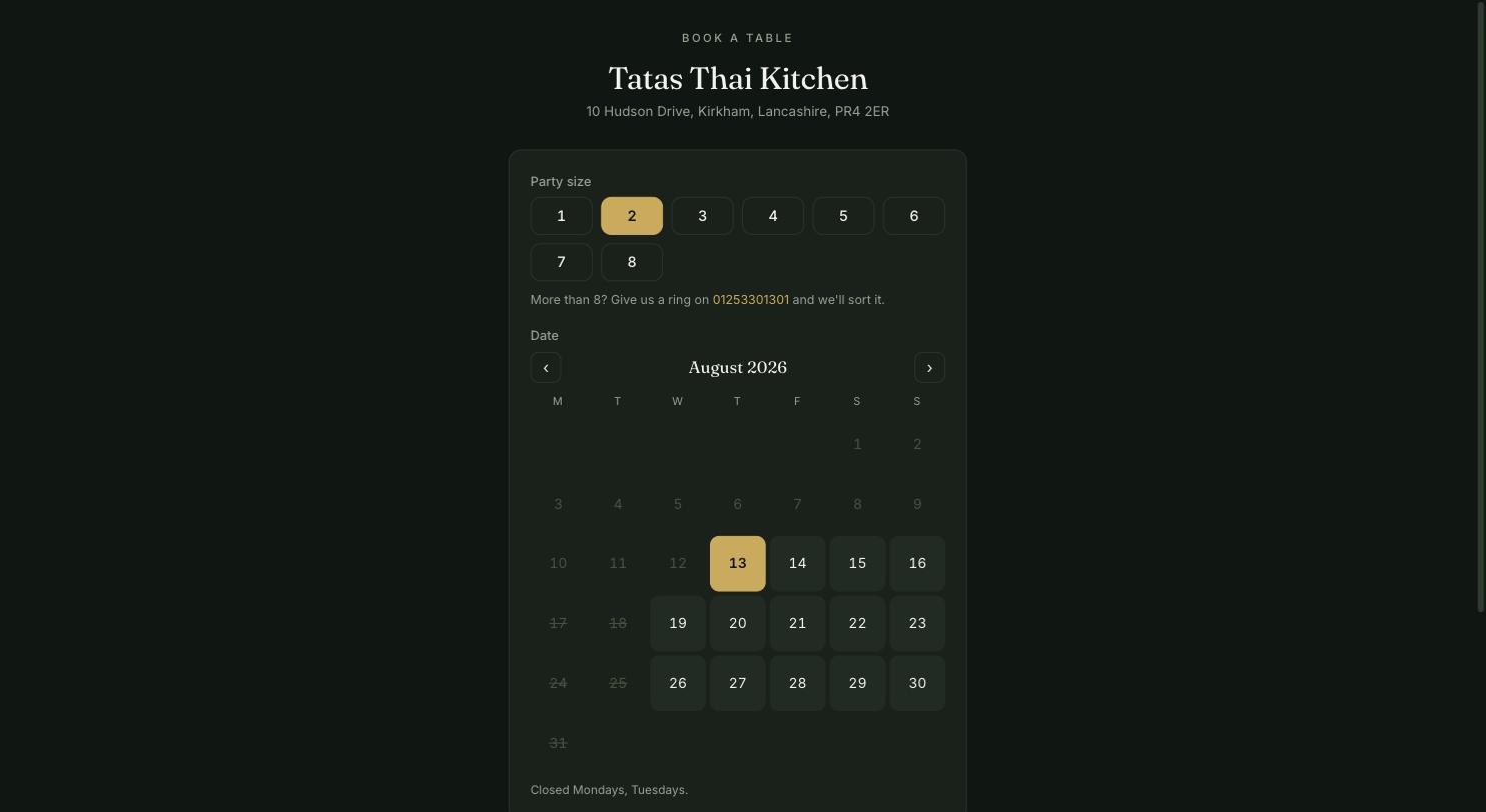 The Eightish public booking widget for a restaurant: party size selector, calendar and available times on a dark, elegant page
